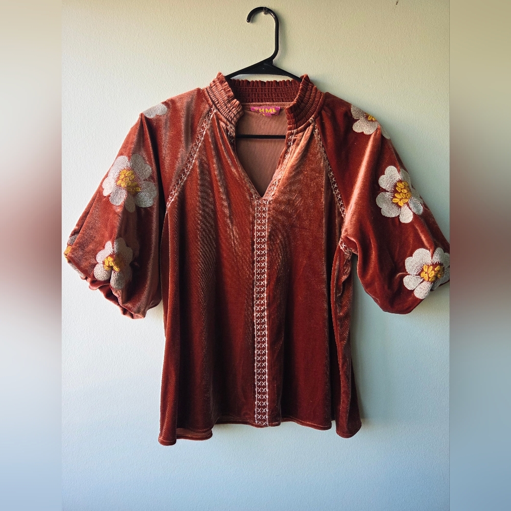 Womens THML Velvet Floral Embroidered Puff Sleeve Top - Rust